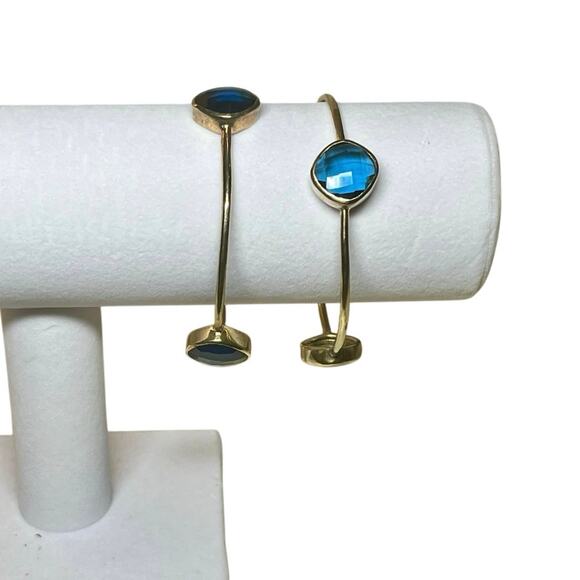 Julie Vos Gold Bangles Set of 3 Blue Stone Stackable Bracelets Boho Layered - Picture 7 of 11